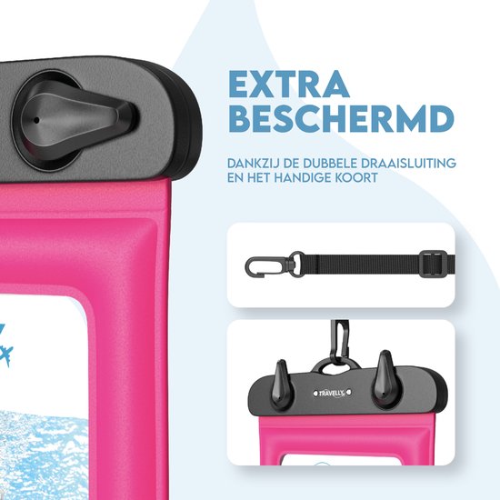 Travelly® Waterdicht Telefoonhoesje Set van 2 – Universeel Onderwater Hoesje voor Smartphone – Geschikt voor alle telefoons – Drybag – Voor Vakantie, Zwemmen & Watersport – Zwart/Roze