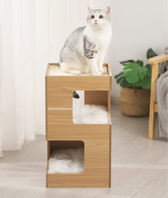 Livista® - Kattenhuis - Naturelle Houtkleur - 60x30x30 cm - Hoogwaardige Materialen - Met Kussen