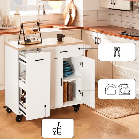 SoBuy Keukeneiland met 2 Laden en 2 Deuren - Multifunctioneel Keukenkast, Wit, 105 x 46 x 92 cm, FKW126-WN