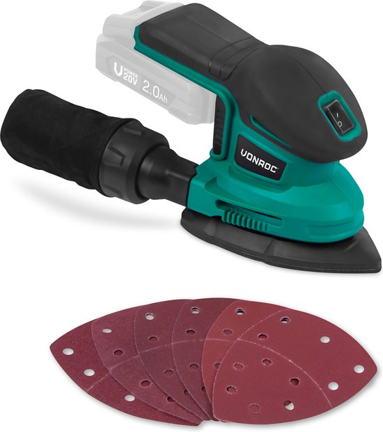 VONROC accu multischuurmachine – VPower 20V – Zonder accu & lader – Incl. stofzak en 6 schuurvellen