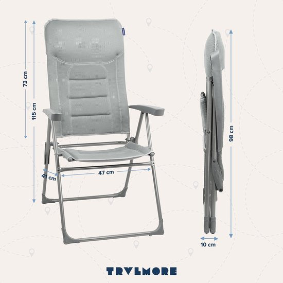 TRVLMORE Campingstoel - 7 standen - Comfortabele Kampeerstoel - 120 kg draagvermogen - Ligstand - Inklapbare stoel - Klapstoel - Grijs