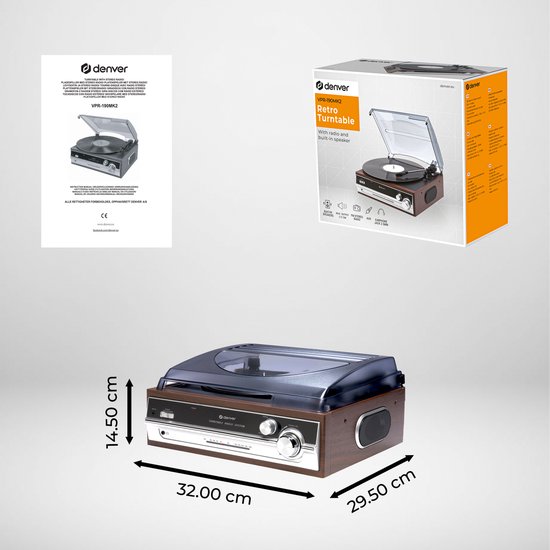 Denver Retro platenspeler - Ingebouwde Speakers - FM Radio - Auto-stop Functie - AUX - Phono - VPR190