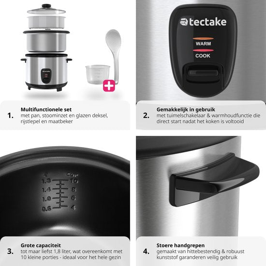 tectake® Rijstkoker - Stoompan en rijstmaker met stoominzet - Kookpot voor de keuken met groot volume van 1,8L - Maximaal 10 porties kleefrijst, volkoren rijst of sushirijst