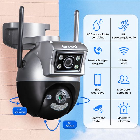 Beveiligingscamera Buiten - met Wifi, 64GB Opslag, Nachtzicht - Beveiligingscamera Binnen - Zwart - van Saaf