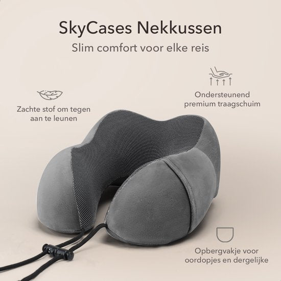 SC Travel Essentials - Nekkussen Set 3-delig - Ergonomisch Memory Foam Reiskussen met Oogmasker en Oordoppen - Ideaal voor Vliegtuig, Auto en Trein - Compact en Luxe - Apricot