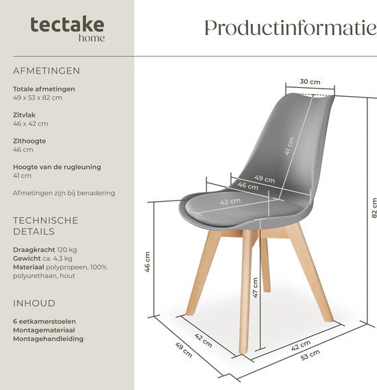 tectake® Eetkamerstoel Frederikke - Set van 6 Eetkamerstoelen met Gevoerde Stoffen Zitting - Massief Houten Poten - Ergonomische Stoelen geschikt voor Woonkamer, Eetkamer, Slaapkamer en Keuken - Draagkracht 120kg - Grijs
