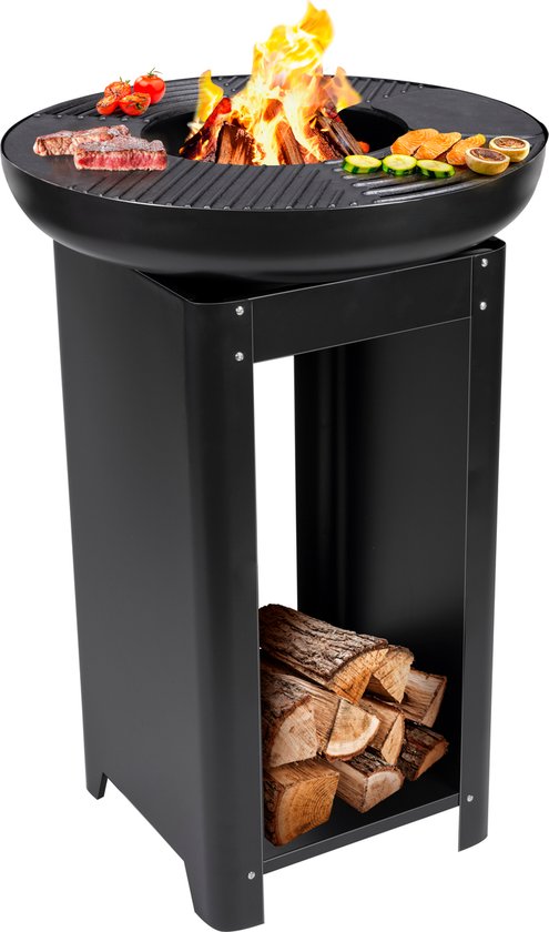 BBQ Collection 3-in-1 Vuurkorf en Grillplaat - Tuinhaard 61 x 90 cm - met Teppanyaki Bakplaat - Plancha BBQ met Brandhout Opslagplaats - Vuurkorf voor Buiten - Metaal