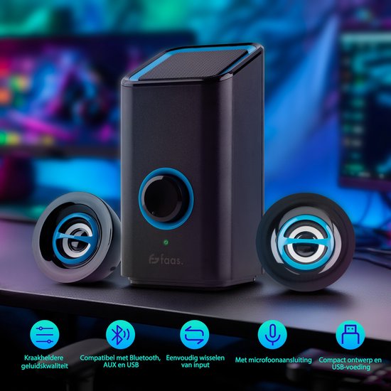 PC Speakers - Met Bluetooth 5.0 - Computer Speakers - Speakers voor PC - USB-C en USB-A - Complete 3-Delige Set - Speakerset - Zwart en Blauw - Faas
