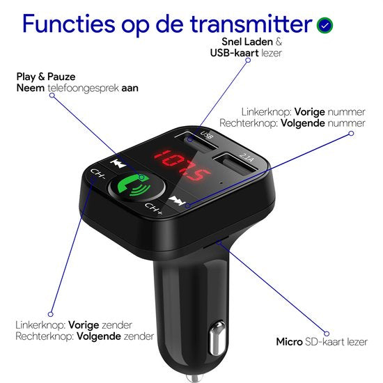 WADU Bluetooth FM Transmitter - Bluetooth ontvanger voor in de auto - USB - Handsfree carkit
