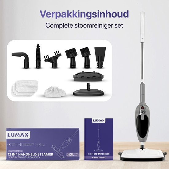 LUMAN 12 in 1 Stoomreiniger Én Handstomer V1 - Tapijtreiniger - Vlekkenreiniger - Met Aanpasbare Stoomkracht - Met 10 Opzetstukken en 3 Microvezeldoeken - Grijs