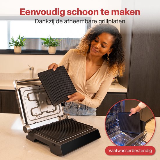 AoraKitchen Contactgrill - 180º Uitklapbaar - Grill Apparaat met Uitneembare Platen - 7 Standen - Tosti en Panini Ijzer - 2000W