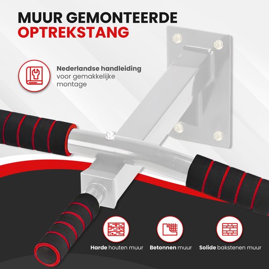 TTD® Premium Pull Up Bar - Pull Up Station - Optrekstang Wandmontage - Dip Station - Dip Bars - Thuis Sporten - Thuis Fitness - Premium materialen - Extra stevige montage onderdelen - Home workout - Wit/Rood