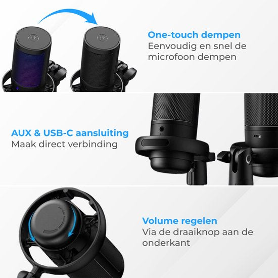 Nuvance - USB Microfoon met Standaard - voor PC en Gaming Microfoon - met Ruisfilter - Inclusief USB-C Converter - Streaming Microfoon - RGB