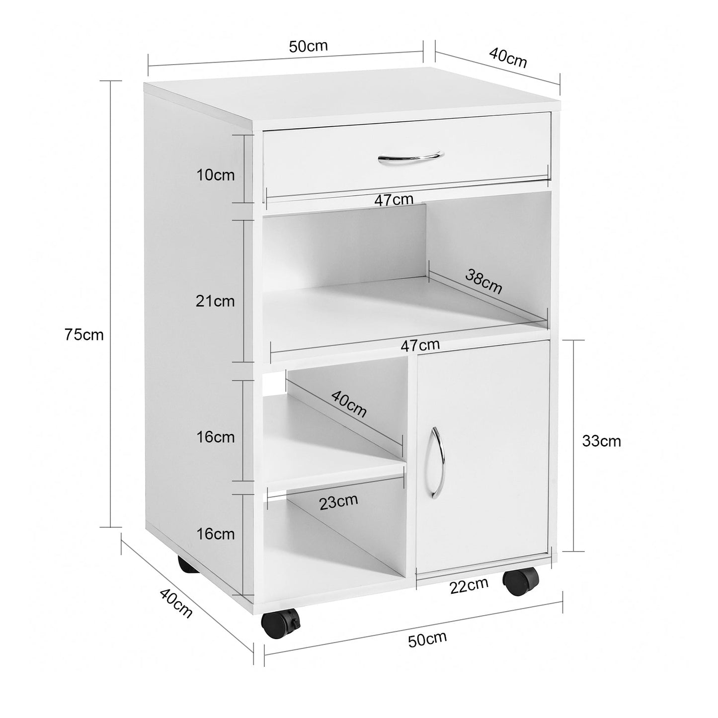 SoBuy Kantoor opbergkastje op wieltjes - 50x40x75 cm - Max. 50KG - Wit