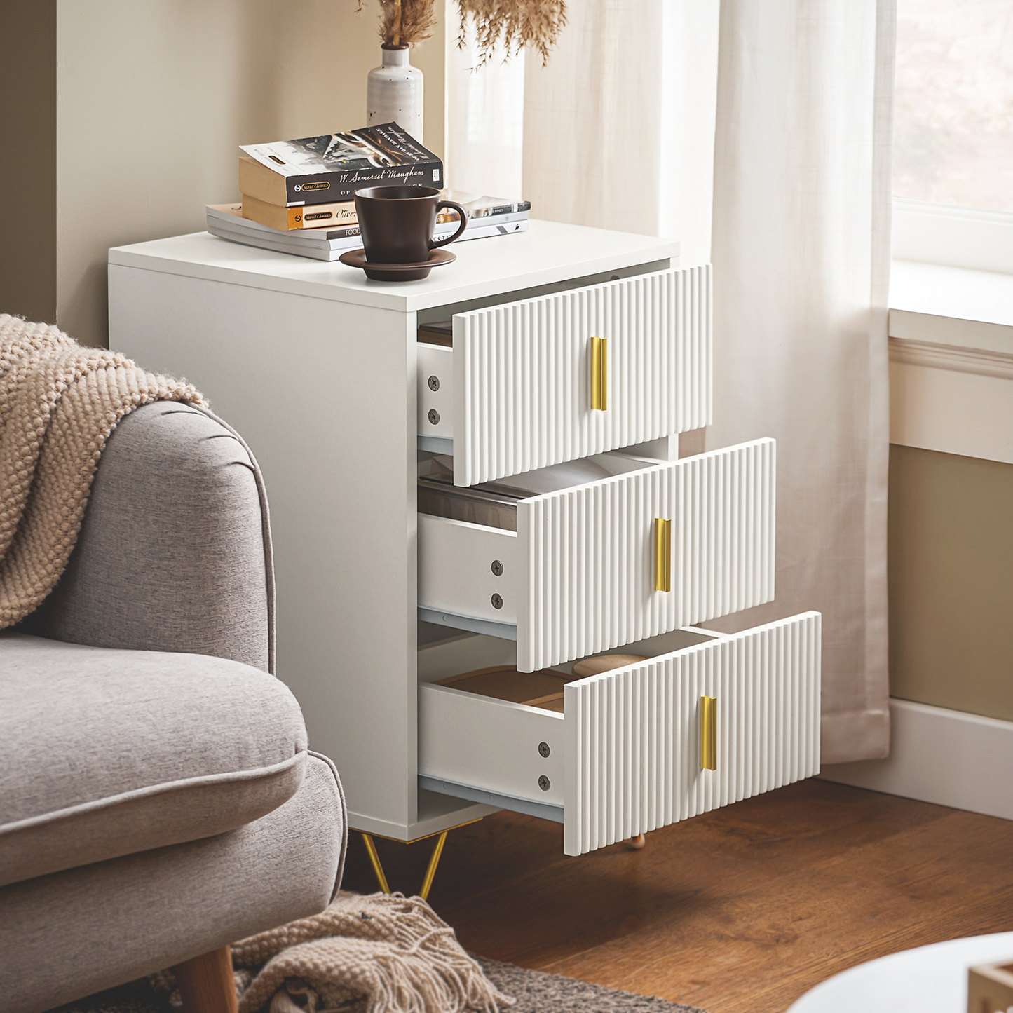 SoBuy Nachtkastje FBT115-L-W - 3 Schuifladen - 40 x 40 x 64 cm - Wit