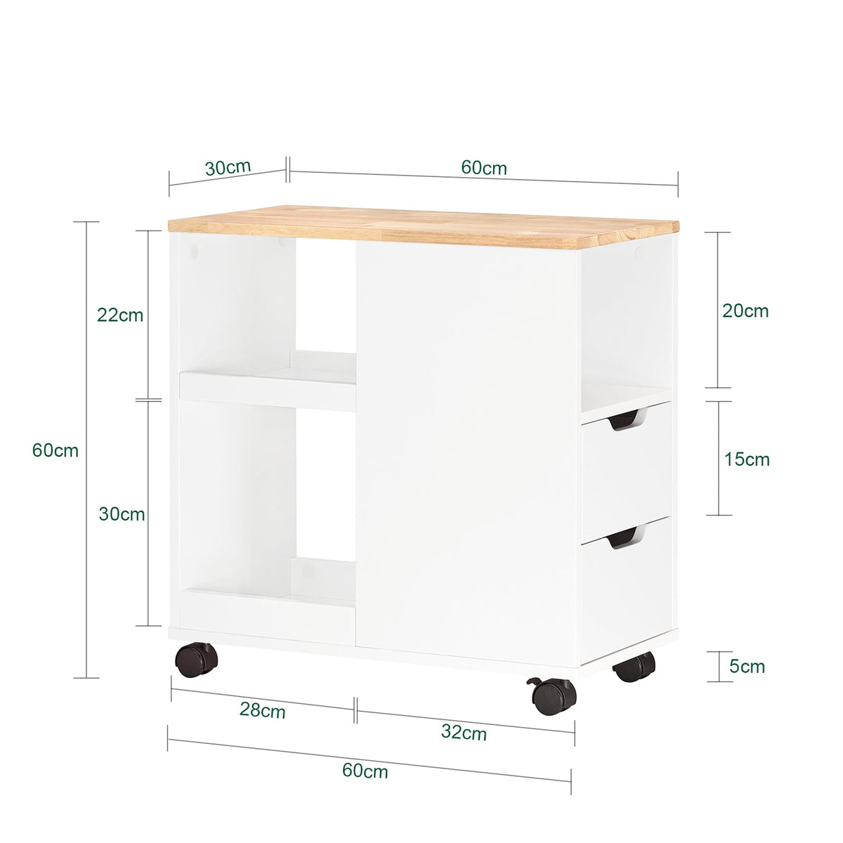 SoBuy Bijzettafel - FBT130-WN - 2 Laden en Planken - 60 x 30 x 60 cm - Wit