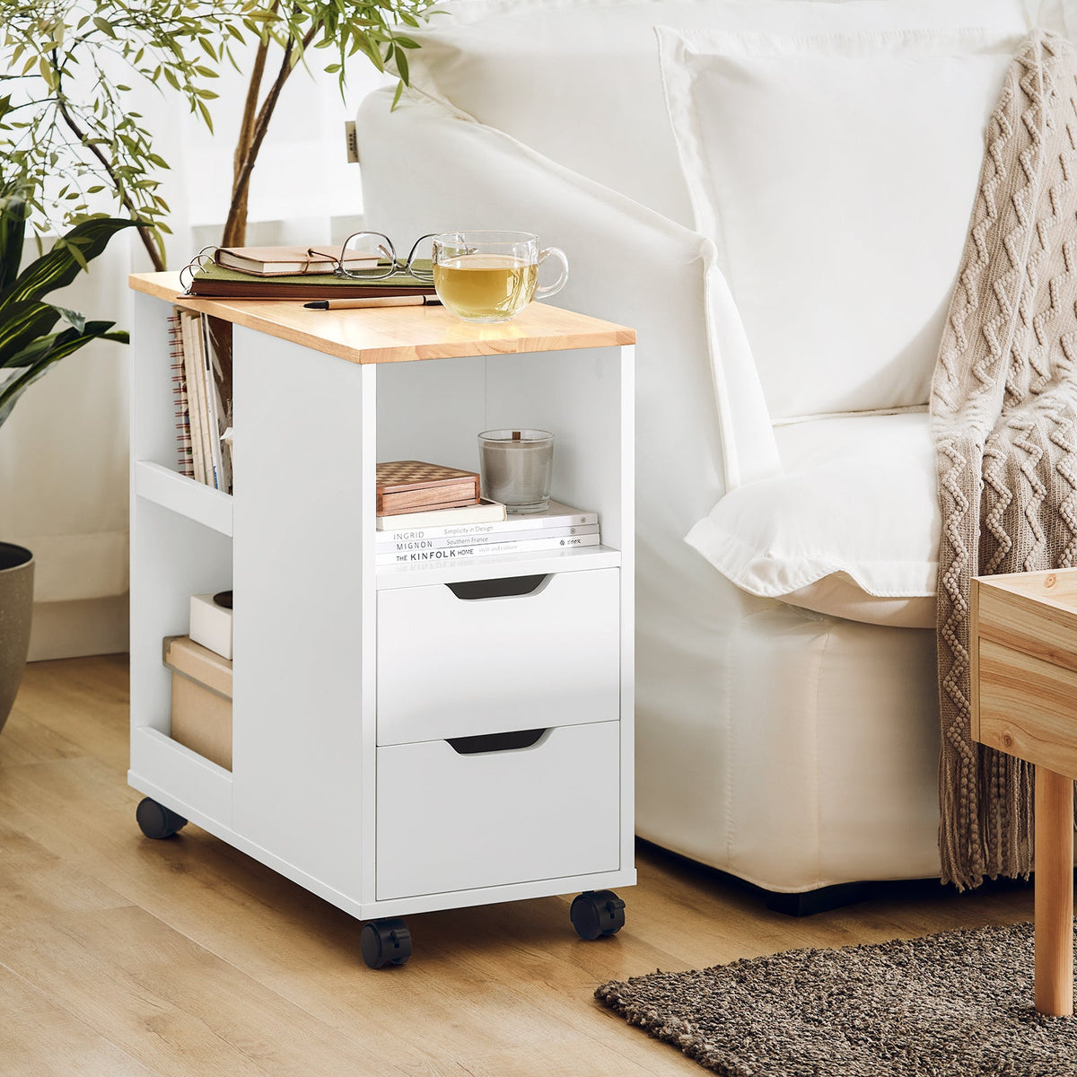 SoBuy Bijzettafel - FBT130-WN - 2 Laden en Planken - 60 x 30 x 60 cm - Wit