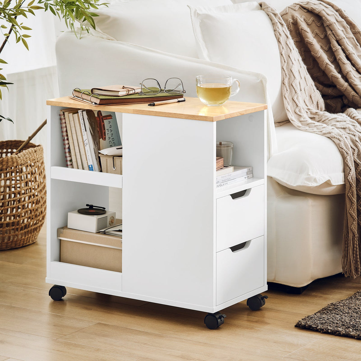 SoBuy Bijzettafel - FBT130-WN - 2 Laden en Planken - 60 x 30 x 60 cm - Wit