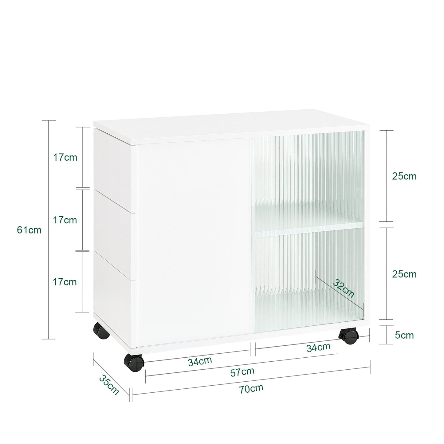 SoBuy Bijzetkastje met Wielen FBT141-W - 3 Laden - 70 x 35 x 61 cm - Wit