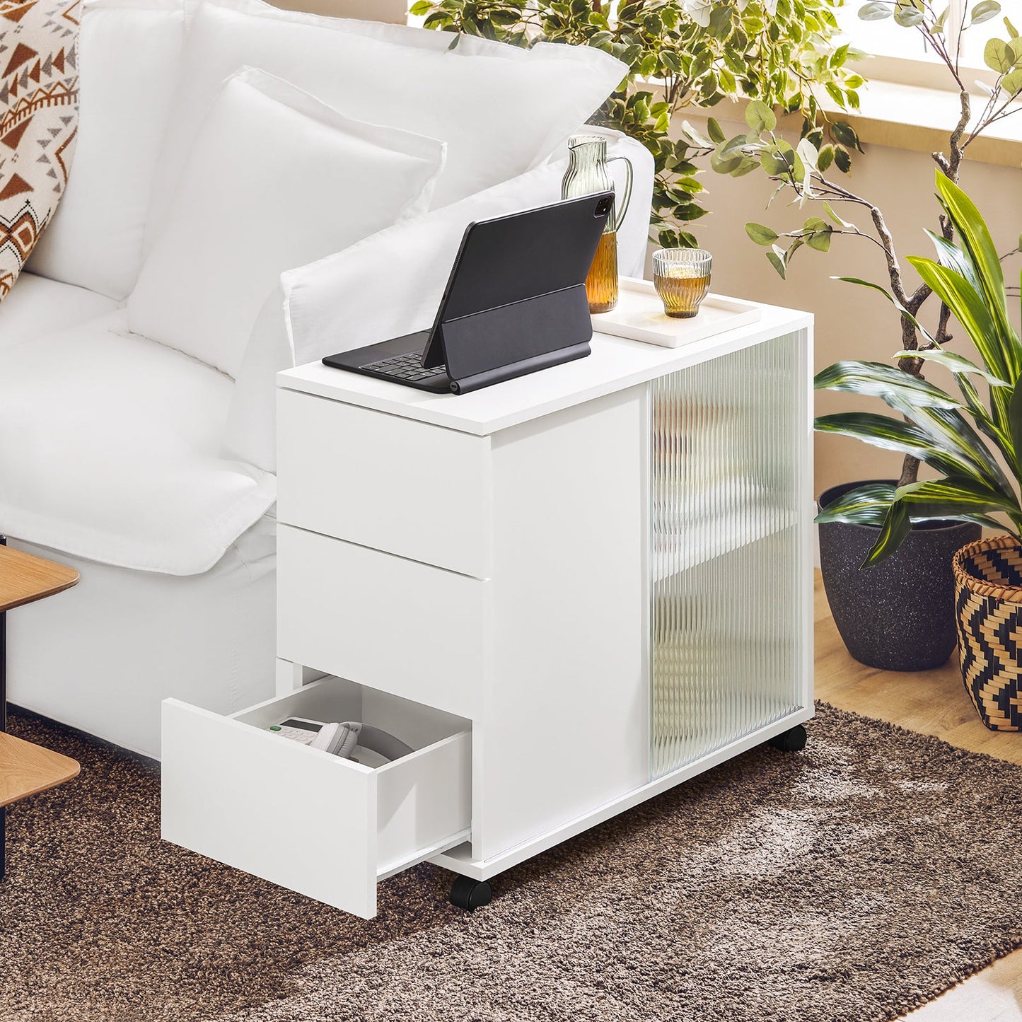 SoBuy Bijzetkastje met Wielen FBT141-W - 3 Laden - 70 x 35 x 61 cm - Wit