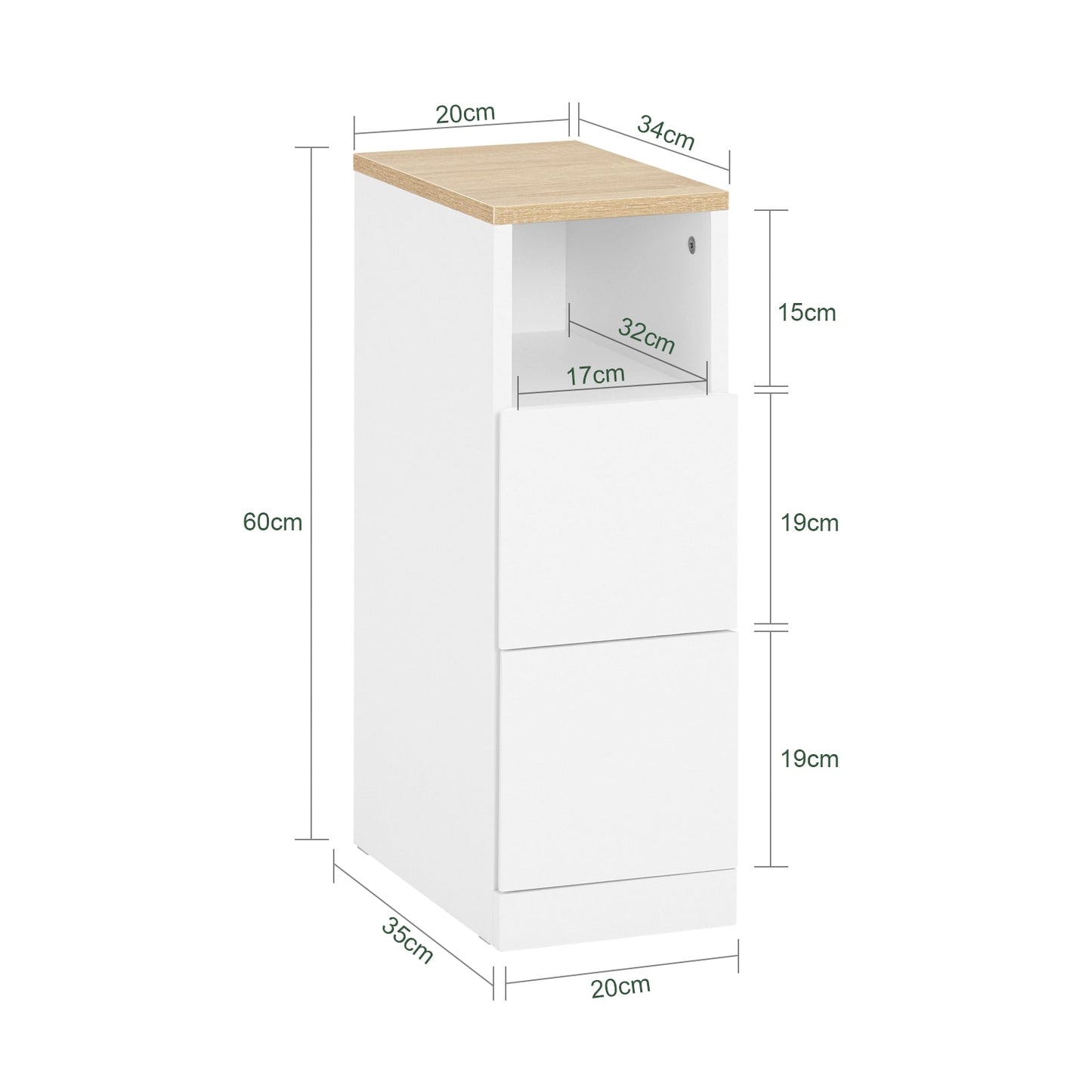 SoBuy Nachtkastje - FBT149-WN - 2 Laden & Open Vak - 20 cm x 35 cm x H60 cm - Wit