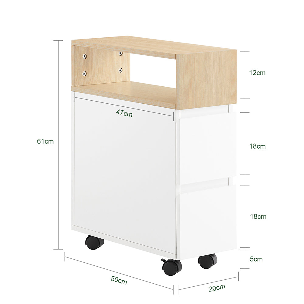 SoBuy FBT155-WN Nachtkastje op wielen 50x20x61 cm Wit/Hout met 1 open vak en 2 lades