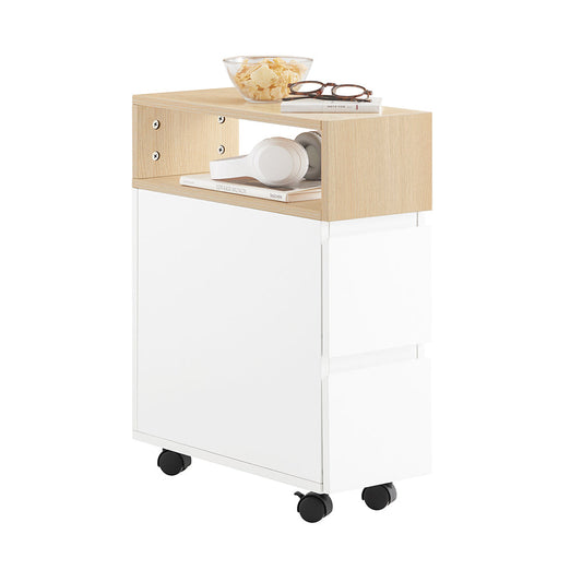 SoBuy FBT155-WN Nachtkastje op wielen 50x20x61 cm Wit/Hout met 1 open vak en 2 lades