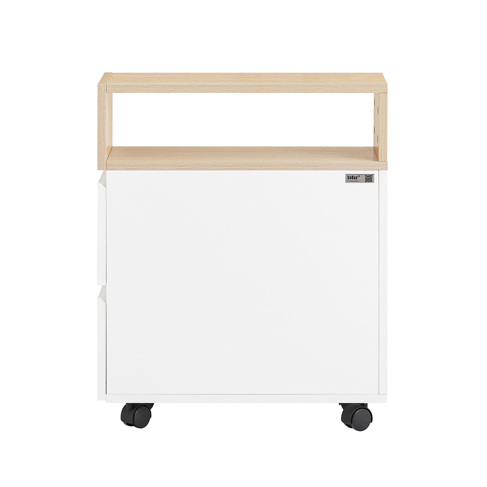 SoBuy FBT155-WN Nachtkastje op wielen 50x20x61 cm Wit/Hout met 1 open vak en 2 lades