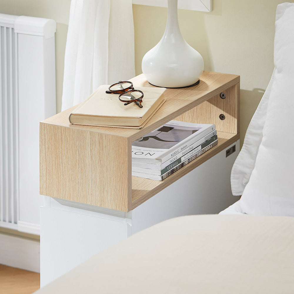 SoBuy FBT155-WN Nachtkastje op wielen 50x20x61 cm Wit/Hout met 1 open vak en 2 lades