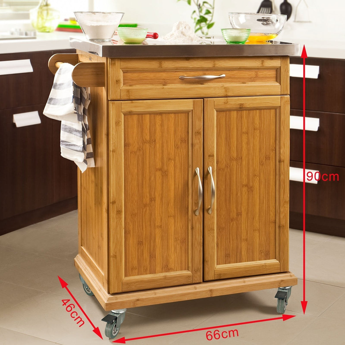 SoBuy Keukentrolley FKW13-N – Bamboe met Roestvrijstalen Top – 66x90x46 cm – Naturel