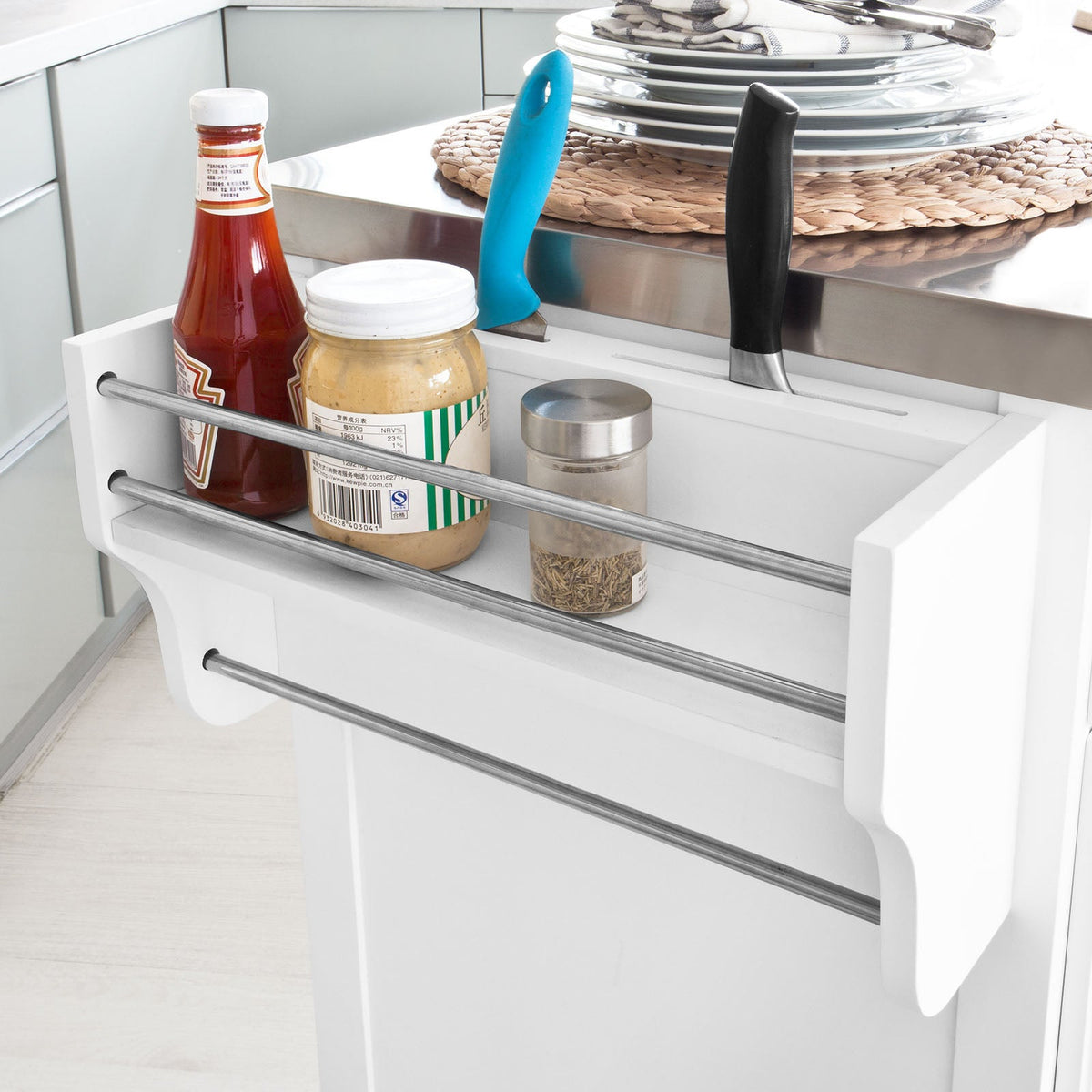 SoBuy FKW33-W Mobiele Keukenkast Keukenwagen – Wit – 107x95x48,5 cm – Roestvrijstalen Werkblad