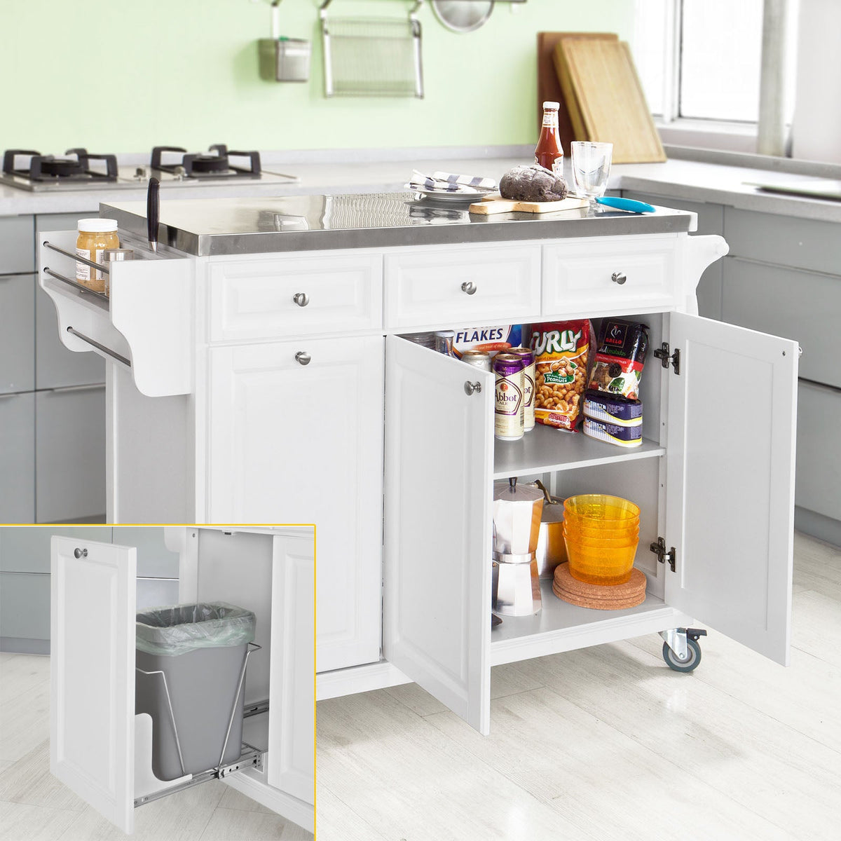 SoBuy FKW33-W Mobiele Keukenkast Keukenwagen – Wit – 107x95x48,5 cm – Roestvrijstalen Werkblad