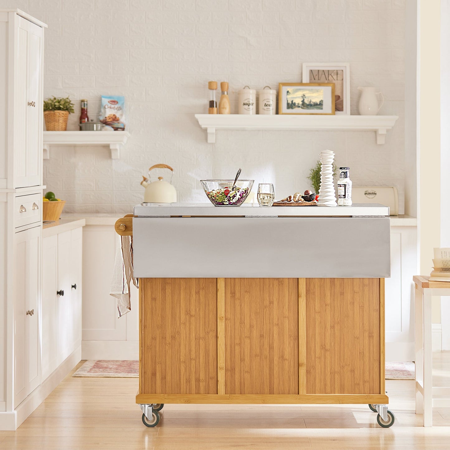 SoBuy Keukeneiland - 115x92x46-71cm - licht bruin