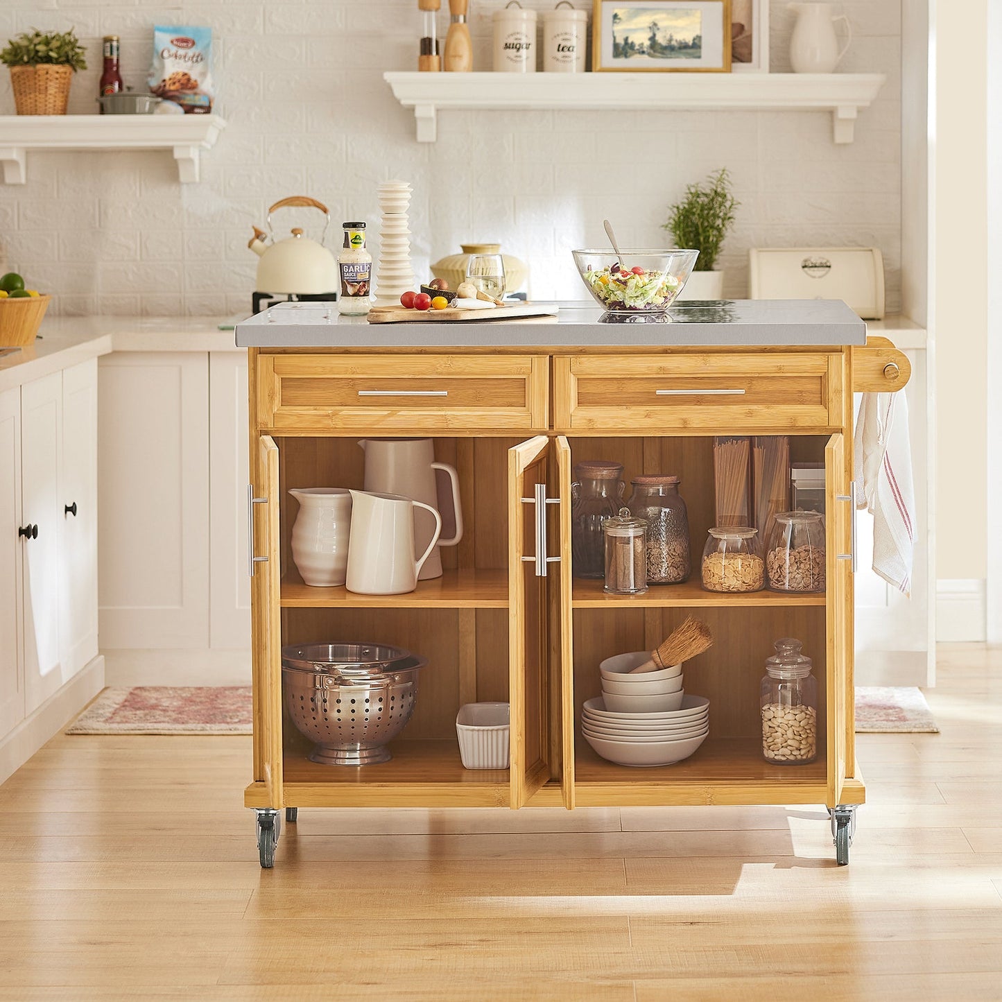 SoBuy Keukeneiland - 115x92x46-71cm - licht bruin