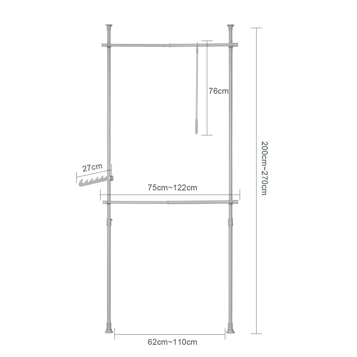 SoBuy Telescopisch Garderobesysteem - 2 kledingstangen - B (62-113) x H (200-285) cm