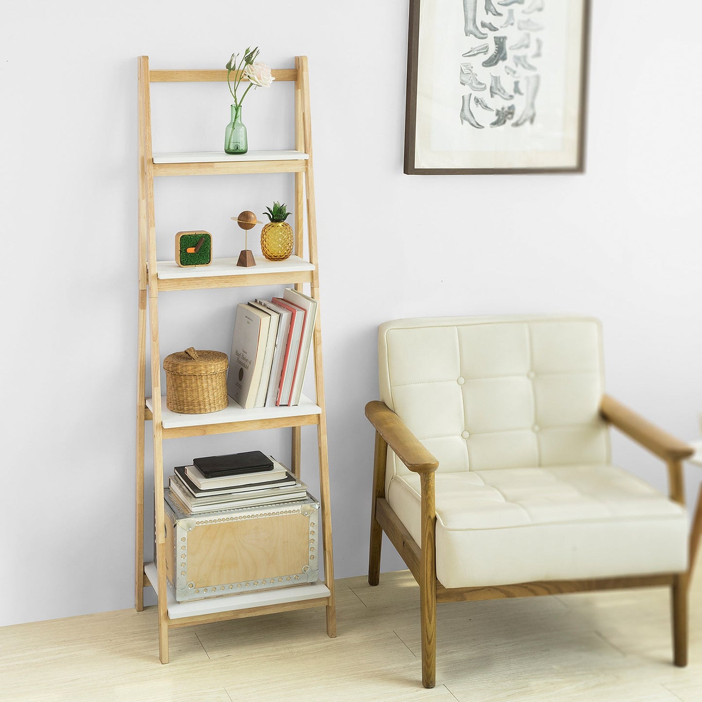 SoBuy Ladderplank - FRG162-N - Incl. 4 planken - Opvouwbaar - 34 x 42 x 140 cm -Rubberhout