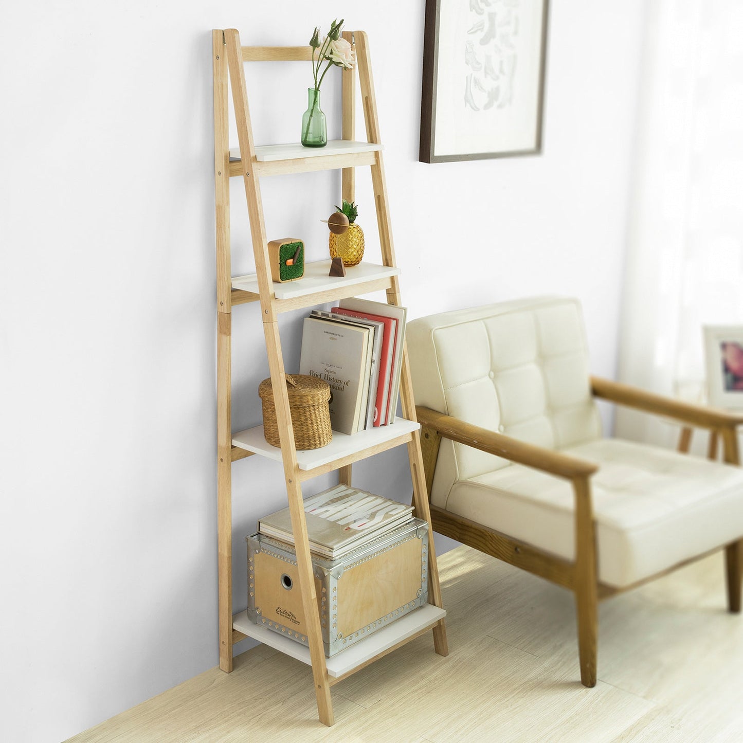 SoBuy Ladderplank - FRG162-N - Incl. 4 planken - Opvouwbaar - 34 x 42 x 140 cm -Rubberhout