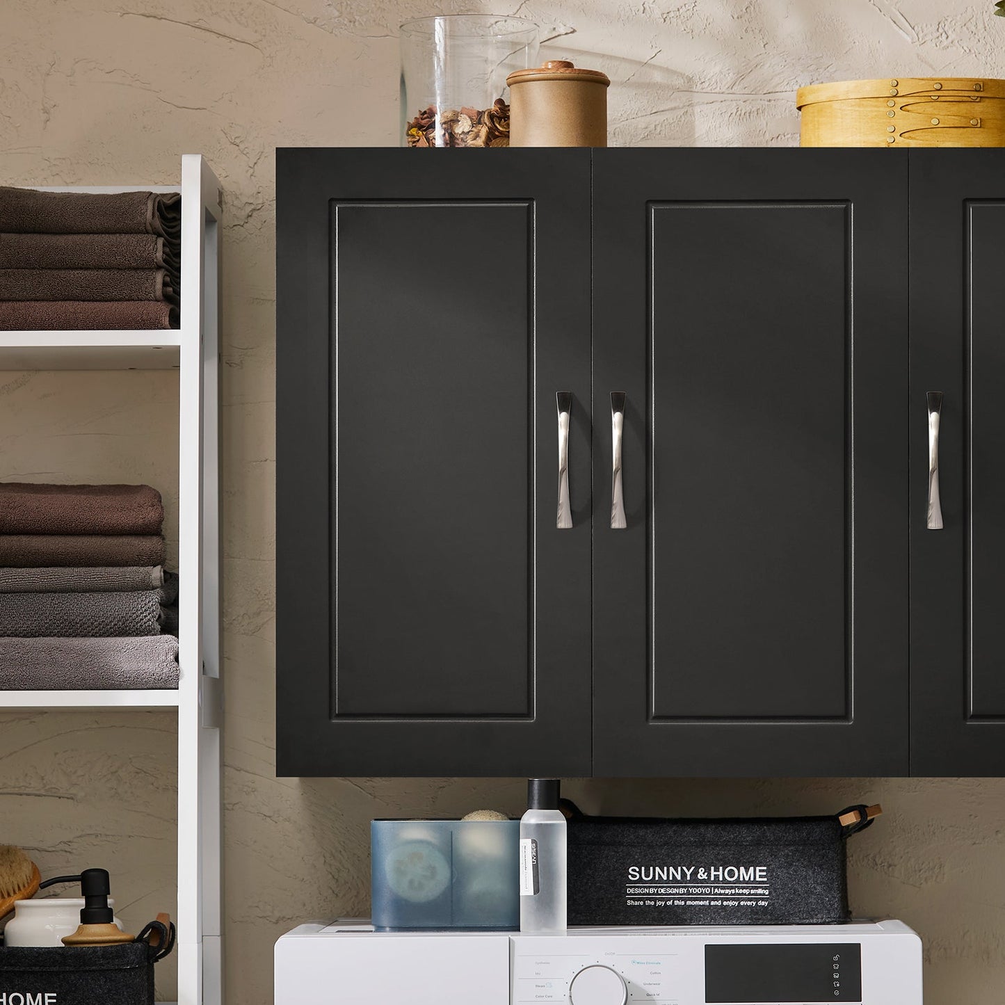 SoBuy Hangkast Badkamerkast Zwart – 90x60x30 cm – FRG231-L-SCH – Wandkast met Twee Deuren en Verstelbare Planken