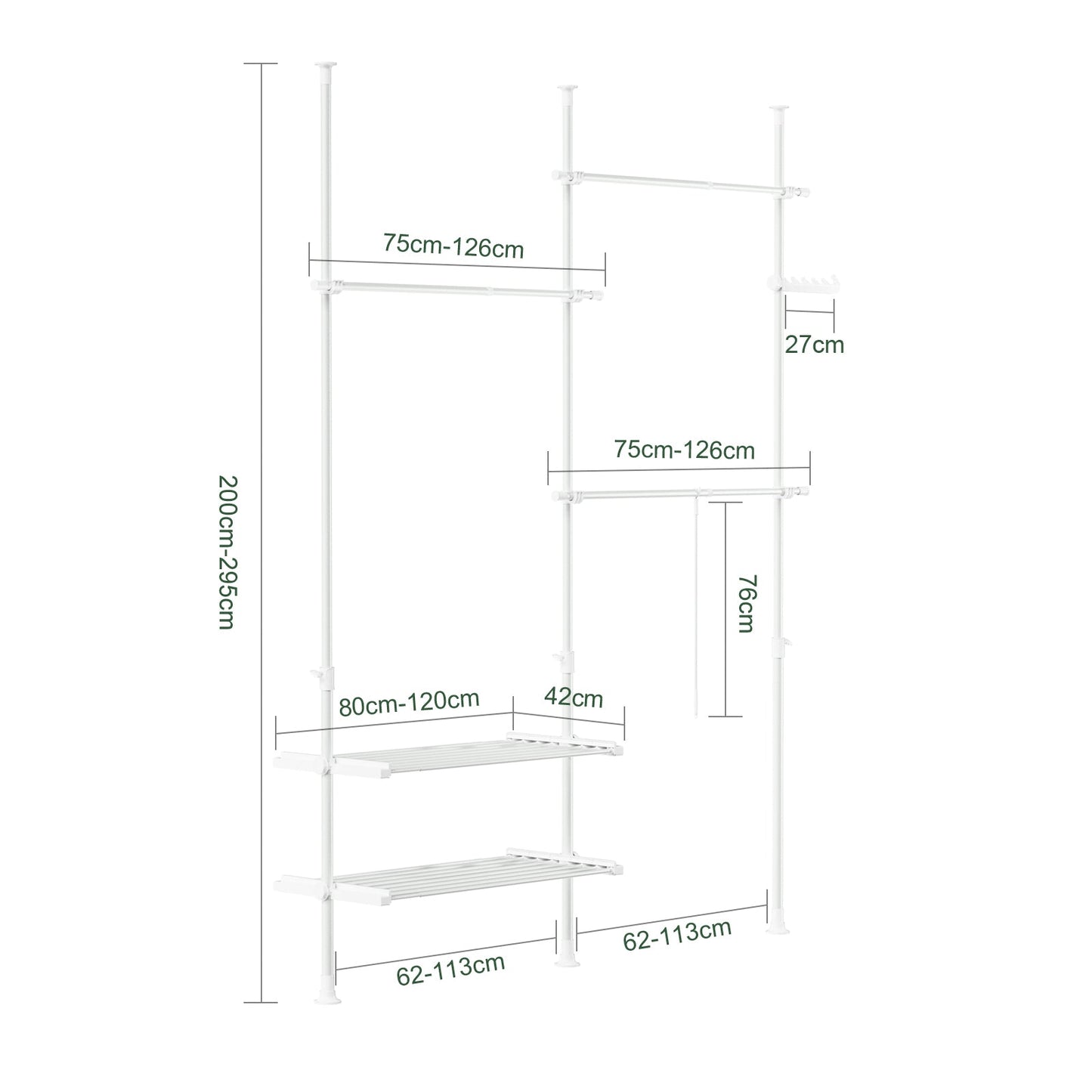SoBuy FRG34-II-W Verstelbare Telescopische Kledingrek Wit - 147-195 x 200-295 cm - Open Kast met Stangen en Planken