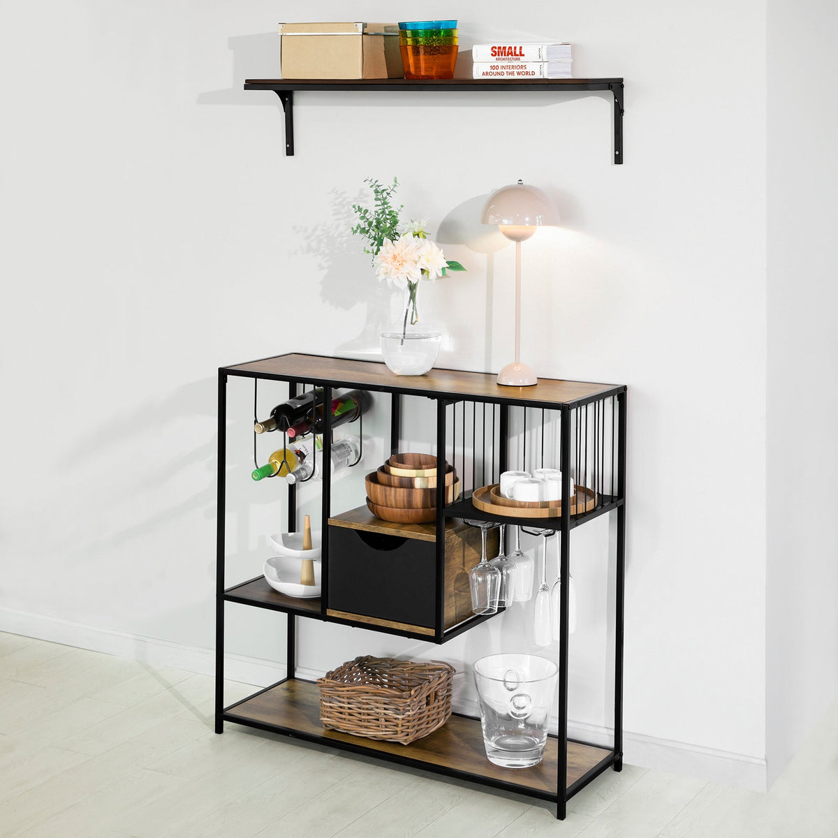 SoBuy FSB56-F Consoletafel – 100x33x95 cm – Vintage Bruin/Zwart – Bijzettafel met Lade, 3 Opbergplanken en Flessenhouder