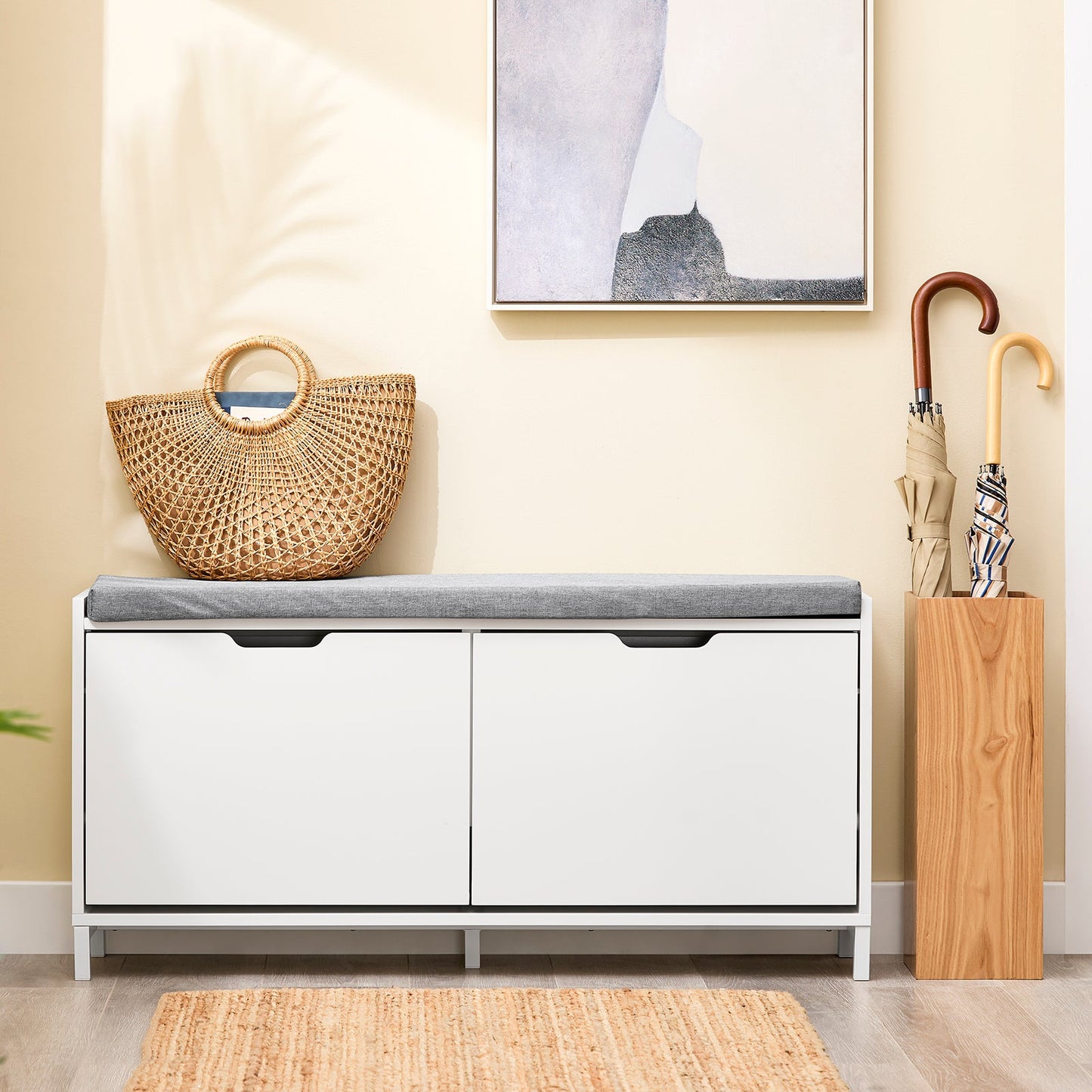 sobuy schoenenkast schoenenbank FSR151-L-W - 105 x 24 x 52 cm - wit met grijs kussen