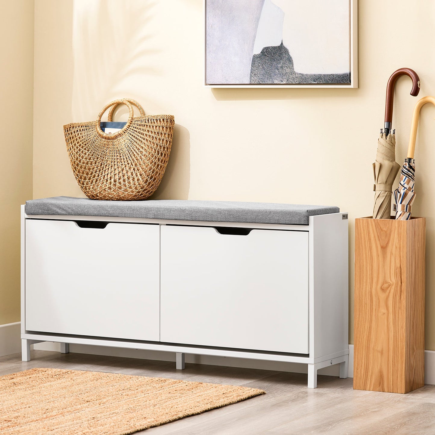 sobuy schoenenkast schoenenbank FSR151-L-W - 105 x 24 x 52 cm - wit met grijs kussen