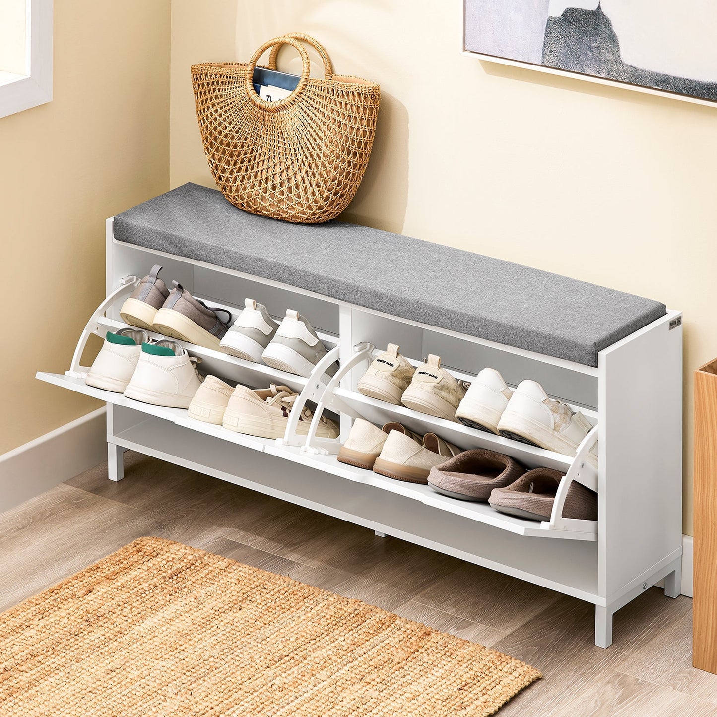 sobuy schoenenkast schoenenbank FSR151-L-W - 105 x 24 x 52 cm - wit met grijs kussen