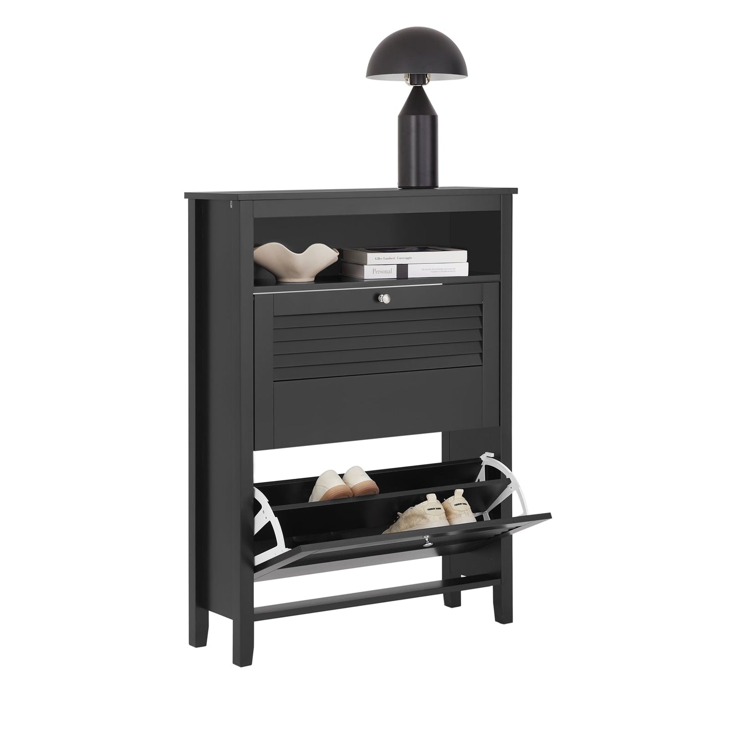 Sobuy Schoenenkast met 2 Kleppen en Opbergvak – Zwart – 80x25x108 cm