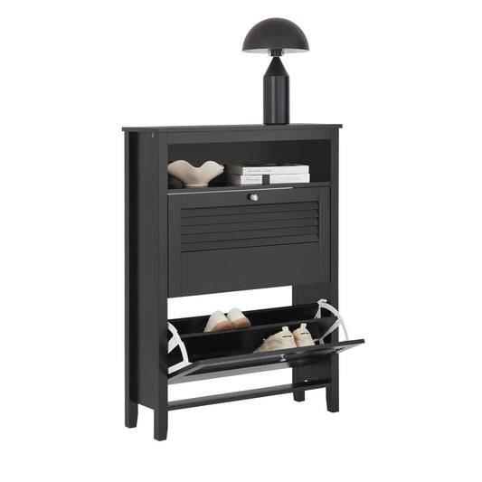 Sobuy Schoenenkast met 2 Kleppen en Opbergvak – Zwart – 80x25x108 cm