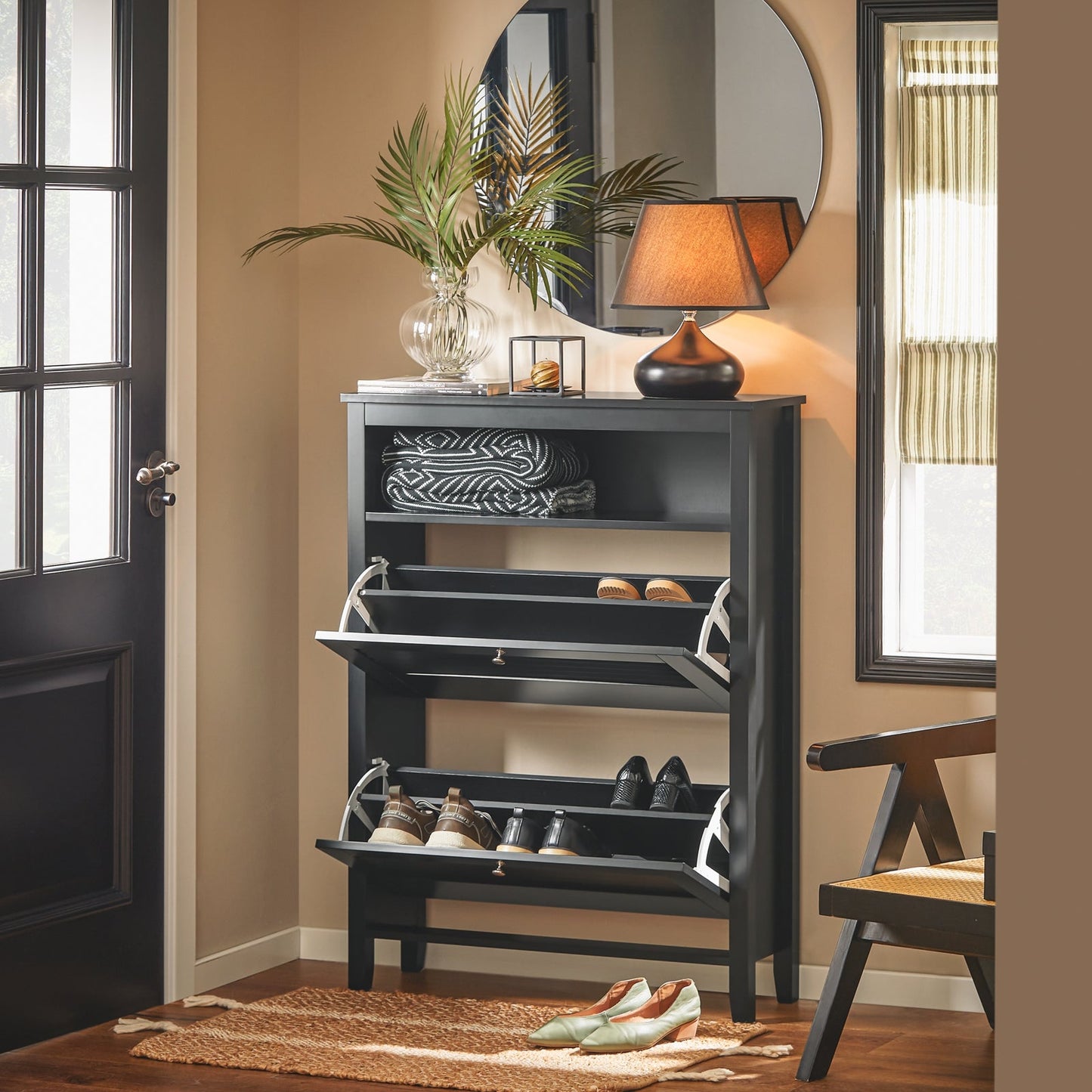 Sobuy Schoenenkast met 2 Kleppen en Opbergvak – Zwart – 80x25x108 cm