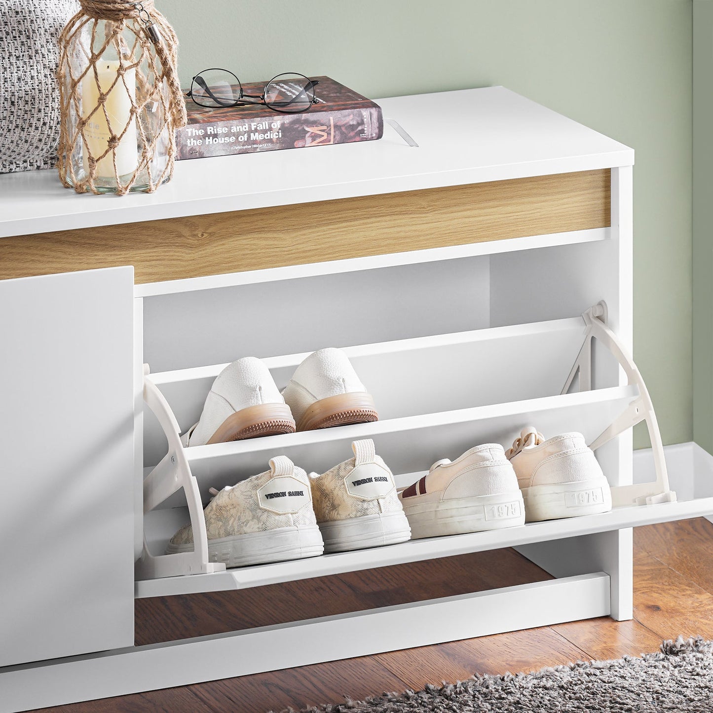 SoBuy Schoenenkast met Zitbank – Wit – 104x30x47 cm – 2 Klapladen – Modern Design