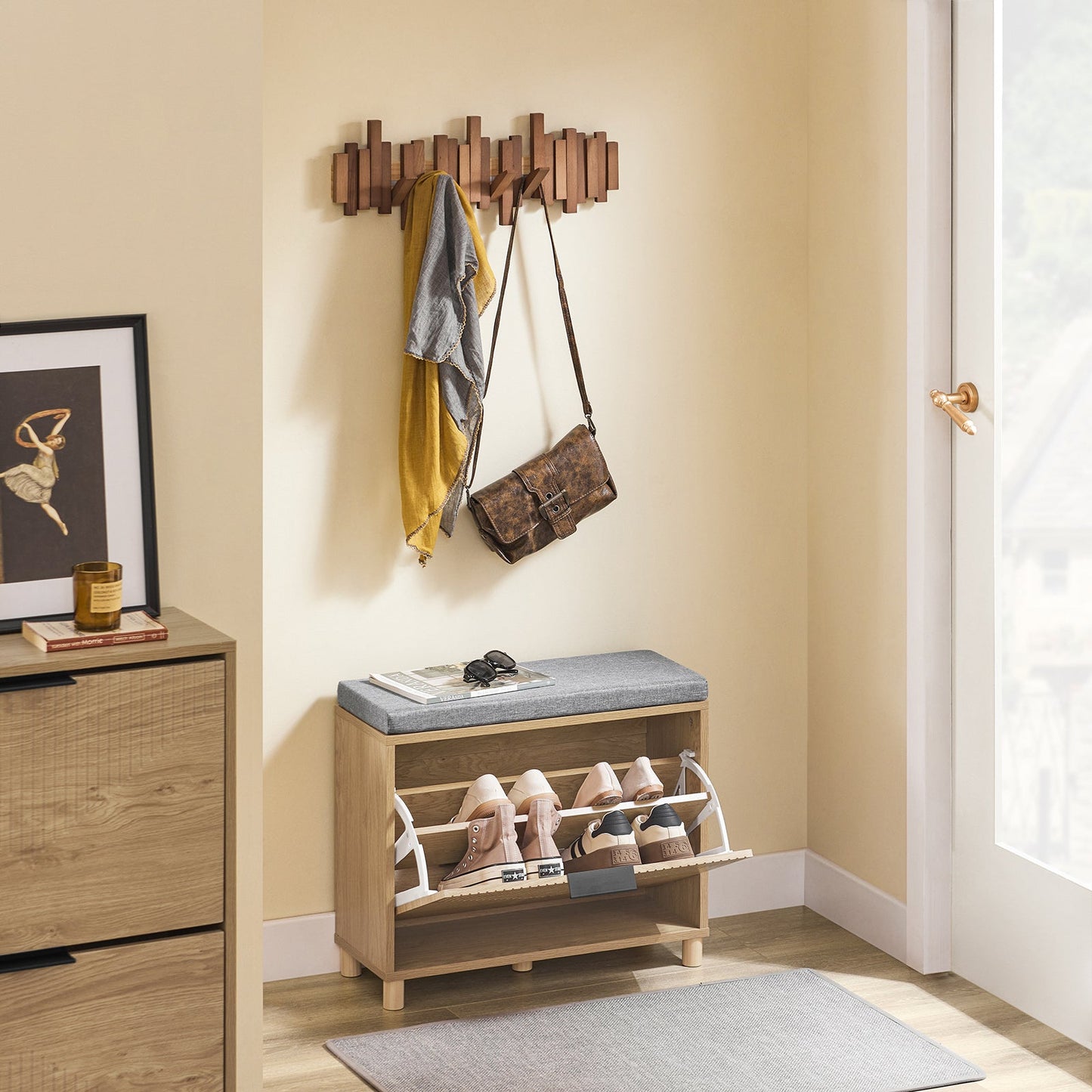 SoBuy FSR199-N Schoenenbank met Opbergruimte en Gevoerd Kussen, Grijs en Licht Hout, 60 x 24 x 50 cm