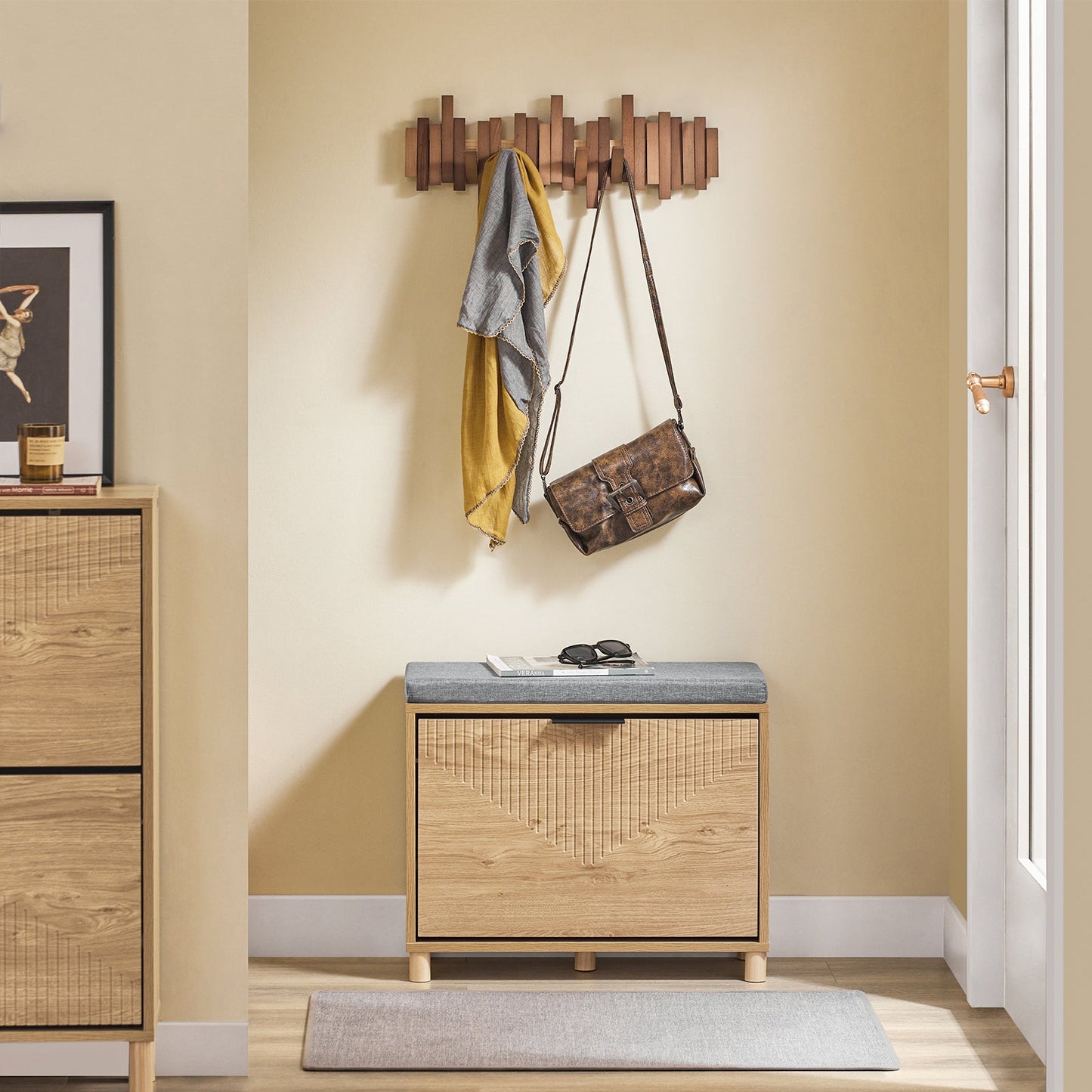 SoBuy FSR199-N Schoenenbank met Opbergruimte en Gevoerd Kussen, Grijs en Licht Hout, 60 x 24 x 50 cm