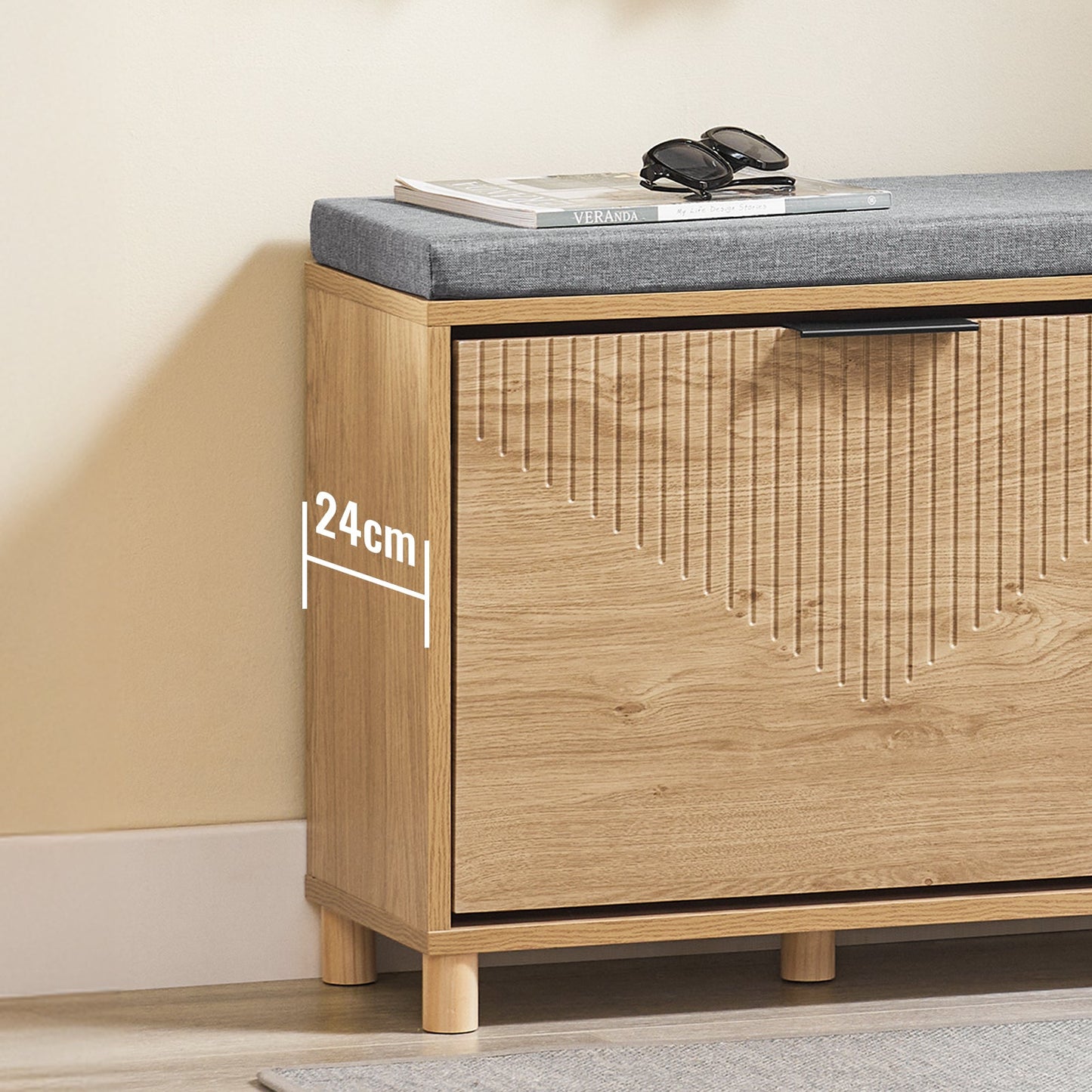 SoBuy FSR199-N Schoenenbank met Opbergruimte en Gevoerd Kussen, Grijs en Licht Hout, 60 x 24 x 50 cm